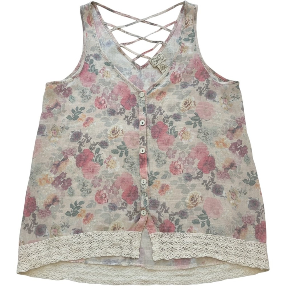 Eyelash Couture Floral Tank Top Womens Large Pink Lace Trim Strappy Back Boho
